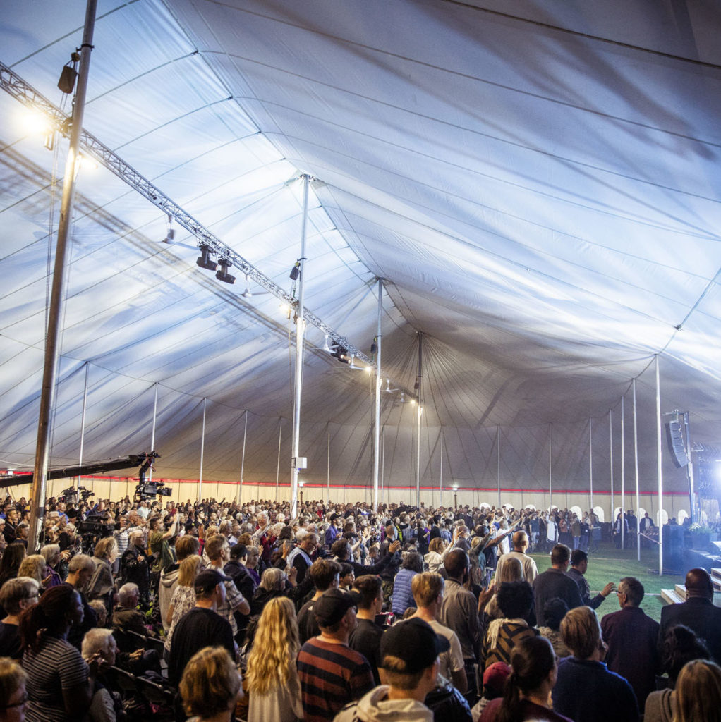 A packed tent during the “There Is Hope” campaign